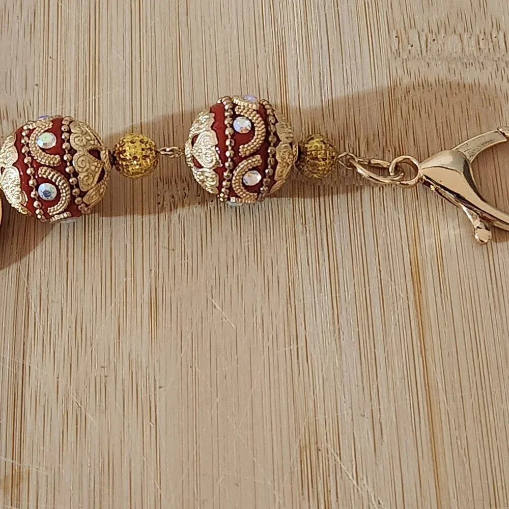 Hand Crafted Purse Bag Charm Beaded with Pendant Red Gold 5 Inches